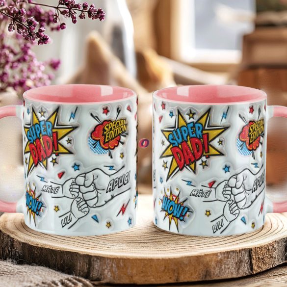 Apák napi bögre "Super Dad, Max 5 gyerek" Személyre szabható, rózsaszín, kerámia