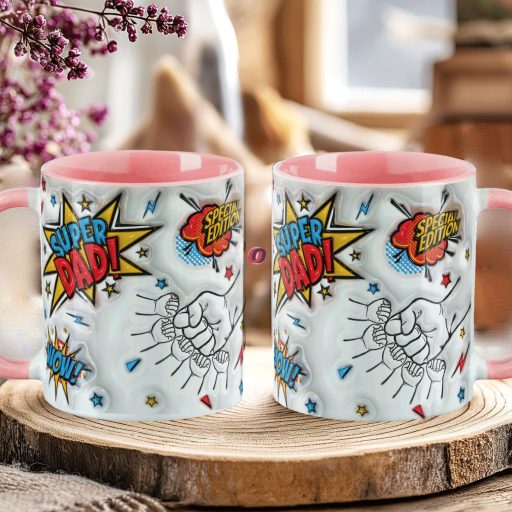 Apák napi bögre "Super Dad, Max 5 gyerek" Személyre szabható, rózsaszín, kerámia