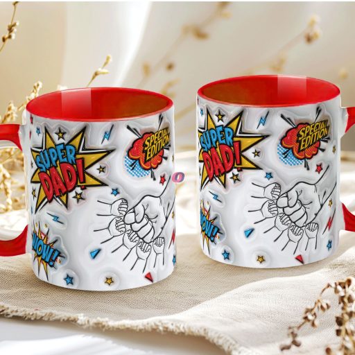 Apák napi bögre "Super Dad, Max 5 gyerek" Személyre szabható, piros, kerámia