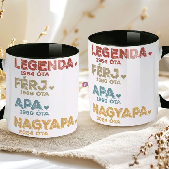 Apák napi bögre "Legenda nagyapa" Személyre szabható, fekete, kerámia