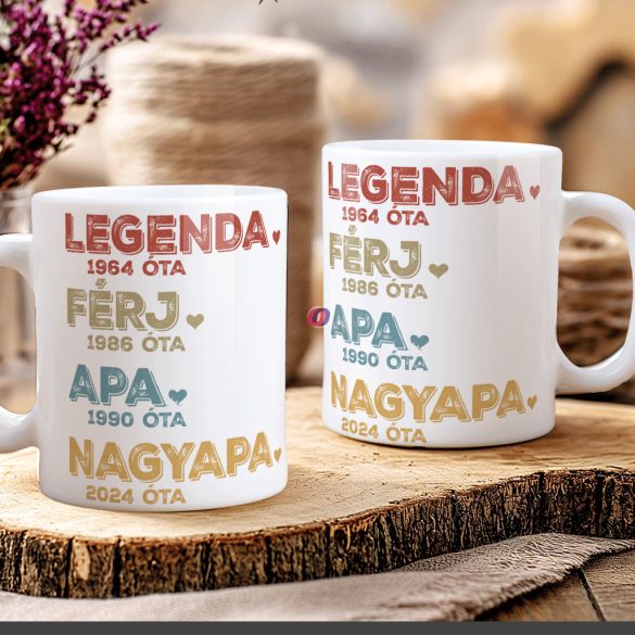Apák napi bögre "Legenda nagyapa" Személyre szabható, fehér, kerámia