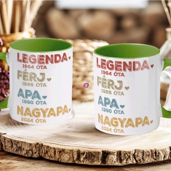 Apák napi bögre "Legenda nagyapa" Személyre szabható, zöld, kerámia