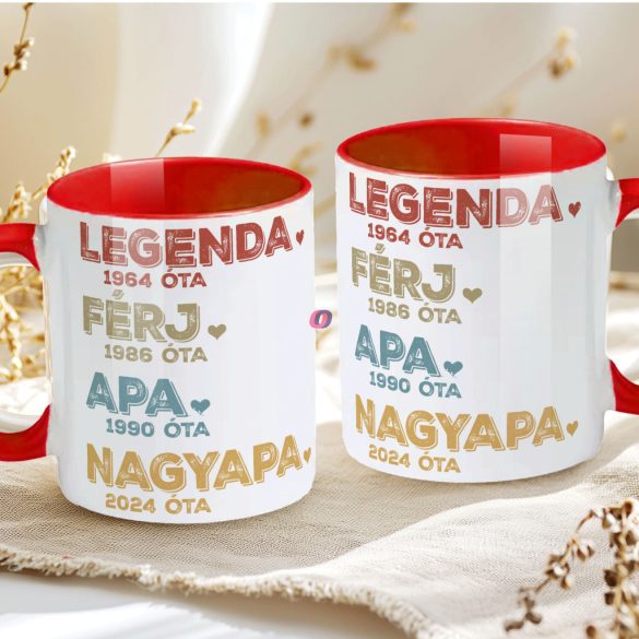 Apák napi bögre "Legenda nagyapa" Személyre szabható, piros, kerámia