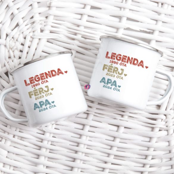 Fém Apák napi bögre "Legenda Apa" Személyre szabható, fehér,fő 360 ml