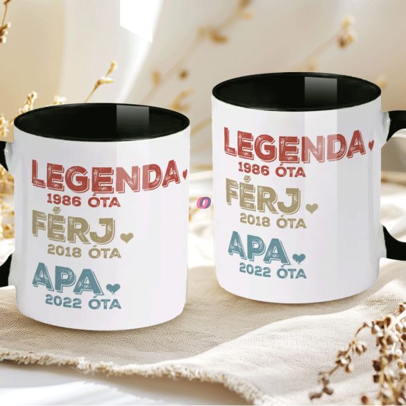 Apák napi bögre "Legenda Apa" Személyre szabható, fekete, kerámia