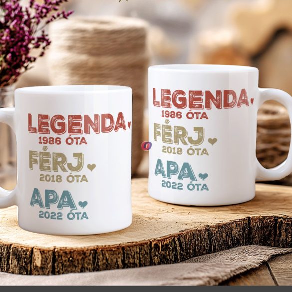 Apák napi bögre "Legenda Apa" Személyre szabható, fehér, kerámia
