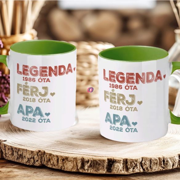 Apák napi bögre "Legenda Apa" Személyre szabható, zöld, kerámia