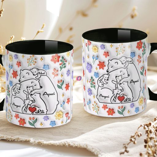 Ajándék bögre "Medve család, Max 5 gyerek" Személyre szabható, fekete, kerámia