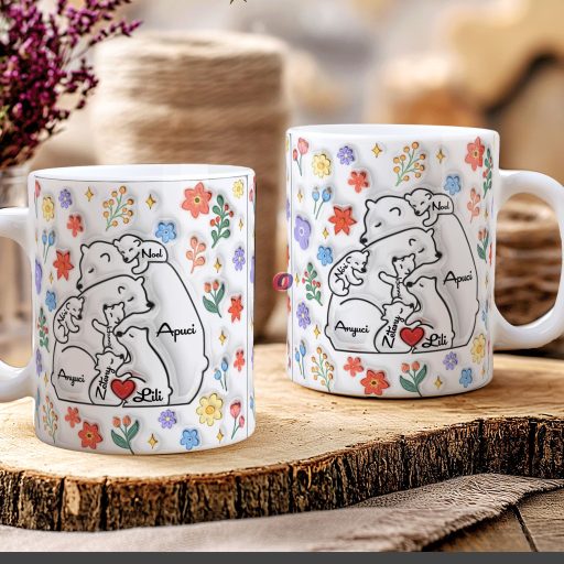 Ajándék bögre "Medve család, Max 5 gyerek" Személyre szabható, fehér, kerámia