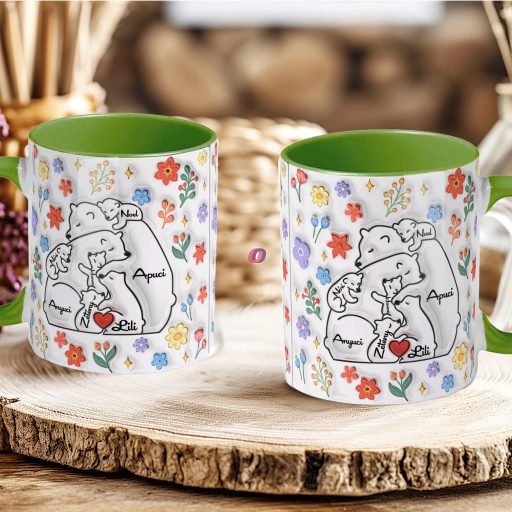 Ajándék bögre "Medve család, Max 5 gyerek" Személyre szabható, zöld, kerámia