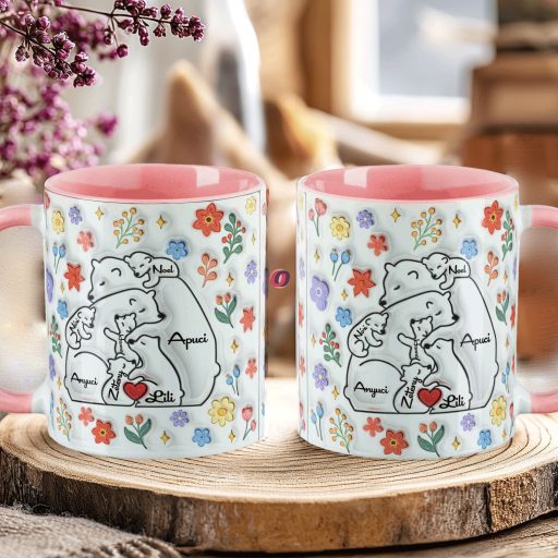 Ajándék bögre "Medve család, Max 5 gyerek" Személyre szabható, rózsaszín, kerámia