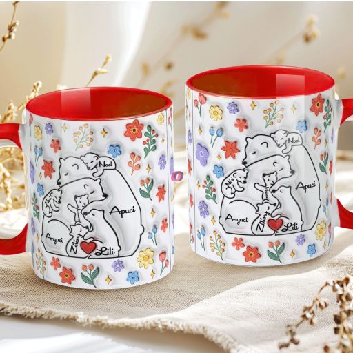 Ajándék bögre "Medve család, Max 5 gyerek" Személyre szabható, piros, kerámia