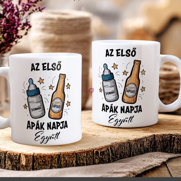 Apák napi bögre "Első apák napja" Személyre szabható, fehér, kerámia