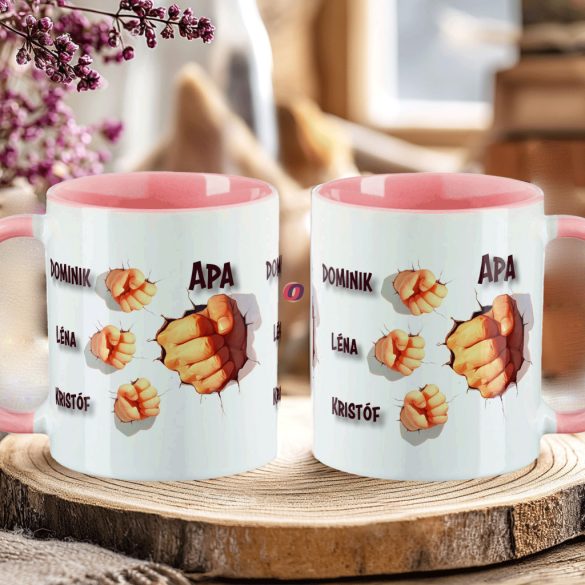 Apák napi bögre "3D kezek, Max 5 gyerek" Személyre szabható, rózsaszín, kerámia