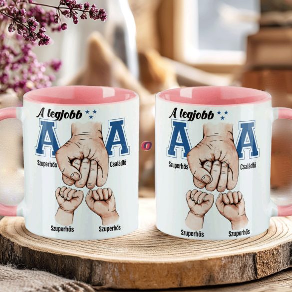 Apák napi bögre "Legjobb apa kék, Max 5 gyerek" Személyre szabható, rózsaszín, kerámia
