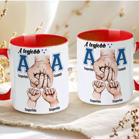 Apák napi bögre "Legjobb apa kék, Max 5 gyerek" Személyre szabható, piros, kerámia