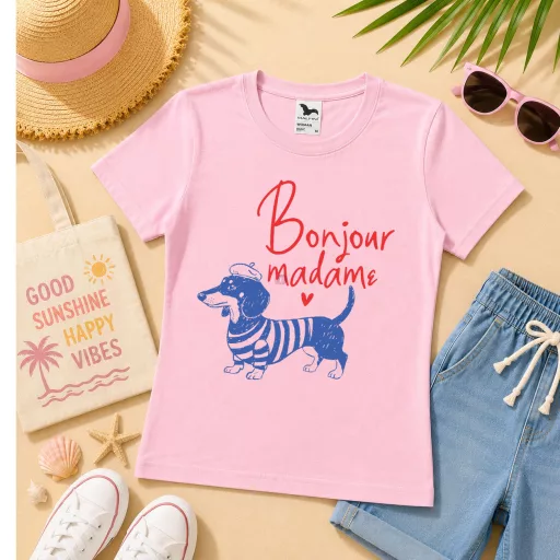 Női póló tacskó mintás - többféle színben "Bonjour Madam"