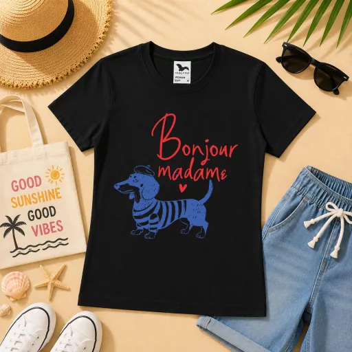 Női póló tacskó mintás - többféle színben "Bonjour Madam"