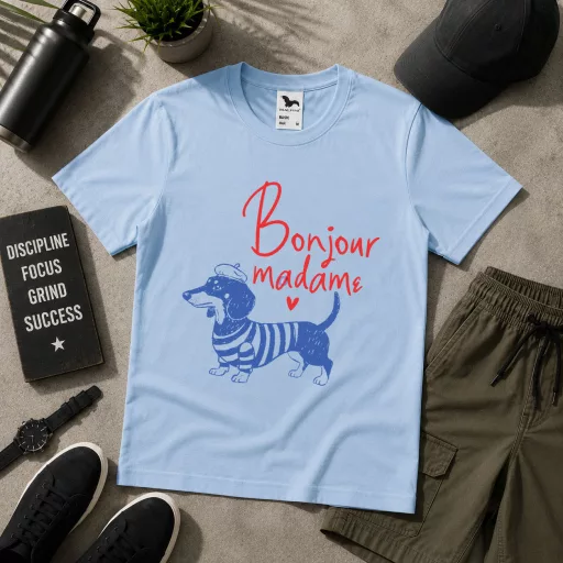 Női póló tacskó mintás - többféle színben "Bonjour Madam"
