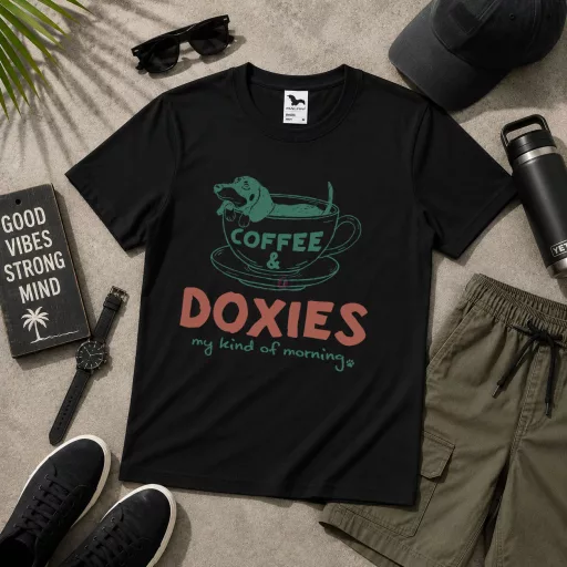 Póló tacskó mintás - többféle színben "Doxies Coffee Felnőtt és gyerek méretekben
