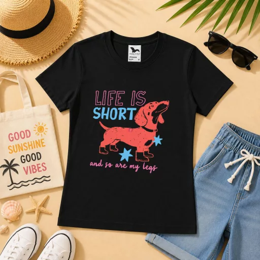 Póló tacskó mintás - többféle színben "Life is short" Felnőtt és gyerek méretekben