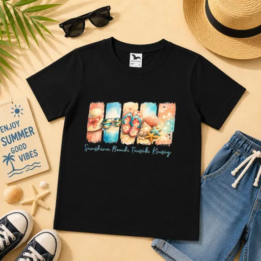 Gyerek póló nyári mintás - többféle színben "Sunshine, beach, tücsök, köcsög"