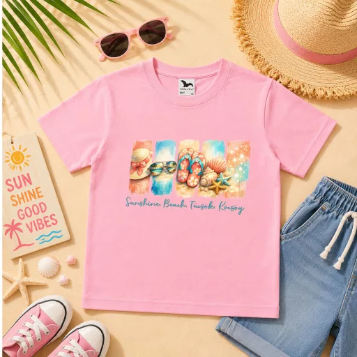 Gyerek póló nyári mintás - többféle színben "Sunshine, beach, tücsök, köcsög"