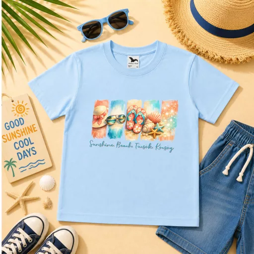 Gyerek póló nyári mintás - többféle színben "Sunshine, beach, tücsök, köcsög"