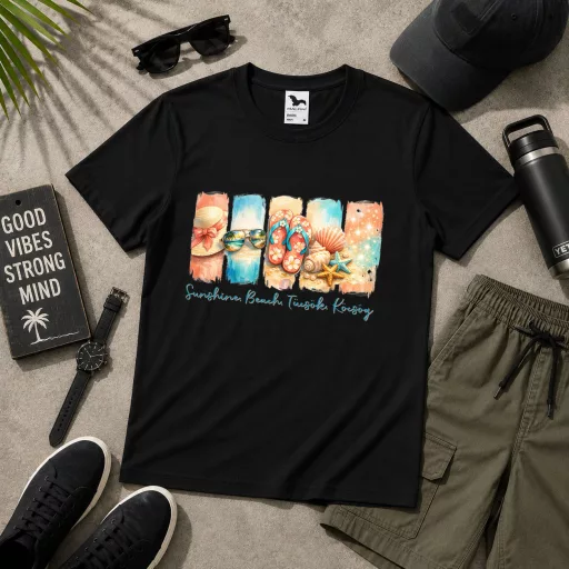 Férfi Póló nyári mintás - többféle színben "Sunshine, beach, tücsök, köcsög" Felnőtt és gyerek méretekben