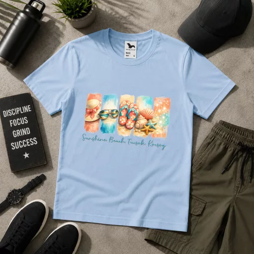 Férfi Póló nyári mintás - többféle színben "Sunshine, beach, tücsök, köcsög" Felnőtt és gyerek méretekben