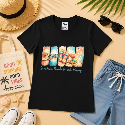 Póló nyári mintás - többféle színben "Sunshine, beach, tücsök, köcsög" Felnőtt és gyerek méretekben