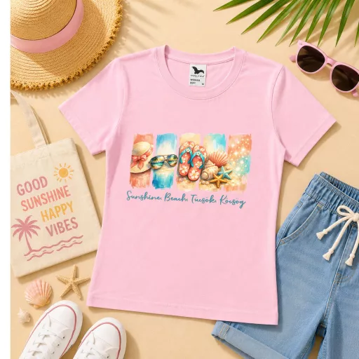 Póló nyári mintás - többféle színben "Sunshine, beach, tücsök, köcsög" Felnőtt és gyerek méretekben