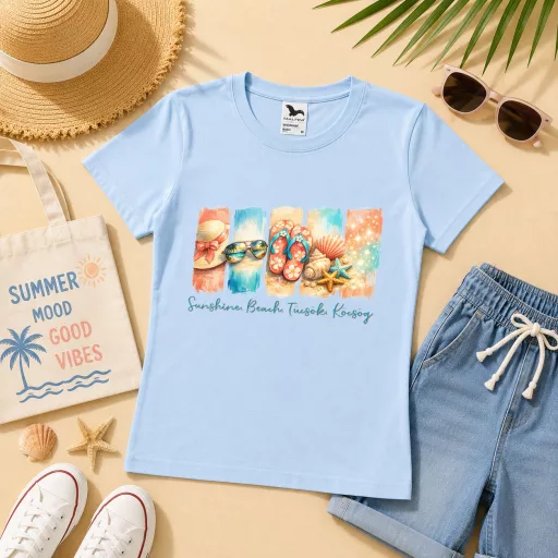 Póló nyári mintás - többféle színben "Sunshine, beach, tücsök, köcsög" Felnőtt és gyerek méretekben