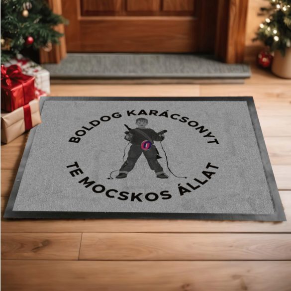 Kaarácsonyi Lábtörlő "Reszkessetek Betörők Boldog karácsonyt..." 60X40 cm szürke, fekete