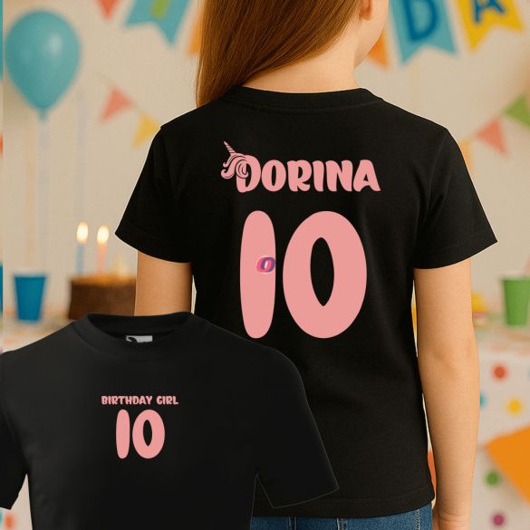 Gyerek Szülinapi póló egyedi névvel és számmal Fekete, pamut, lányos, többféle méret "Birthday Girl"