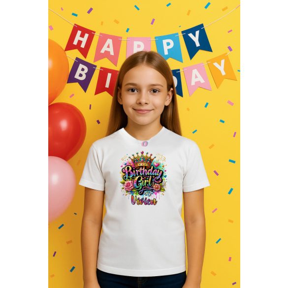 Egyedi Lányos Szülinapi póló -  személyre szabható névvel Birthday Queen Poliészter
