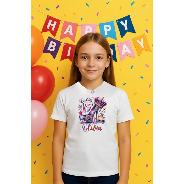 Egyedi Lányos Szülinapi póló -  személyre szabható névvel lila Birthday Queen, Poliészter