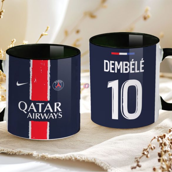 Prémium PSG Bögre személyre szabható, egyedi névvel 330ml Fekete bögre "Home kit"