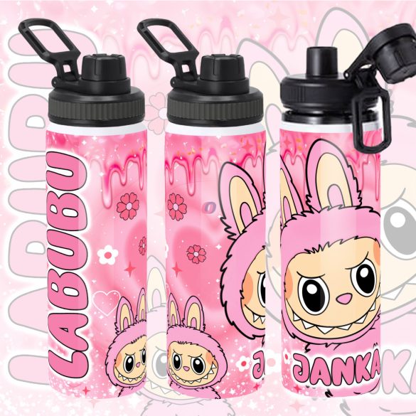 Személyre szabható "LABUBU Pink"fém kulacs egyedi névvel 850 ml