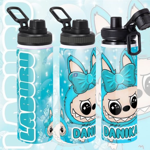 Személyre szabható "LABUBU BLUE" fém kulacs egyedi névvel 850 ml