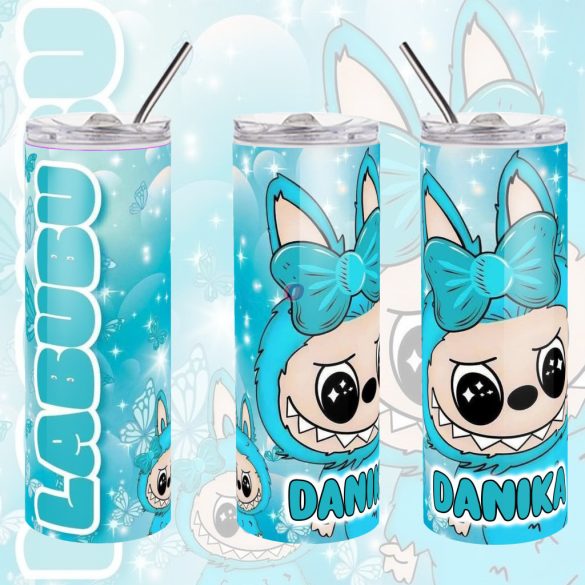 Személyre szabható "LABUBU BLUE" fém Termosz  / tumbler egyedi névvel 600 ml