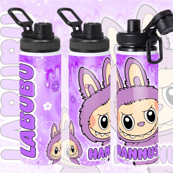 Személyre szabható "LABUBU Lila" fém kulacs egyedi névvel 850 ml