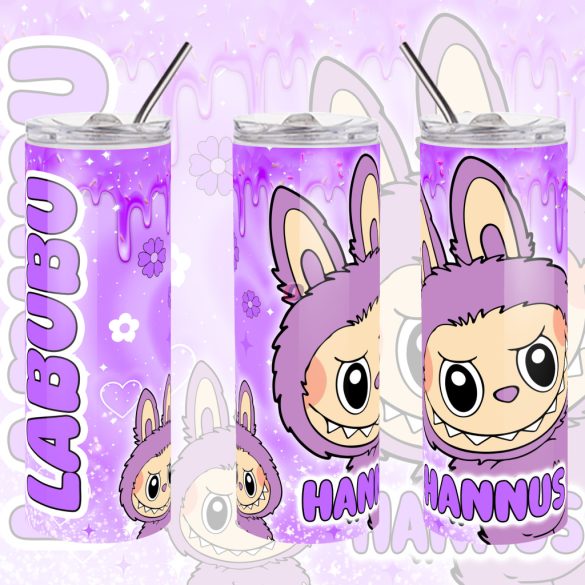Személyre szabható "LABUBU Lila" fém Termosz  / tumbler egyedi névvel 600 ml