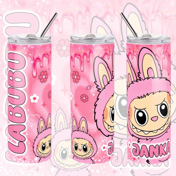 Személyre szabható "LABUBU Pink"fém Termosz  / tumbler egyedi névvel 600 ml