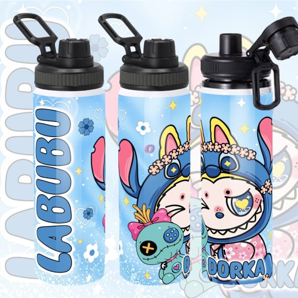 Személyre szabható "Labubu x Stitch" fém kulacs egyedi névvel 850 ml