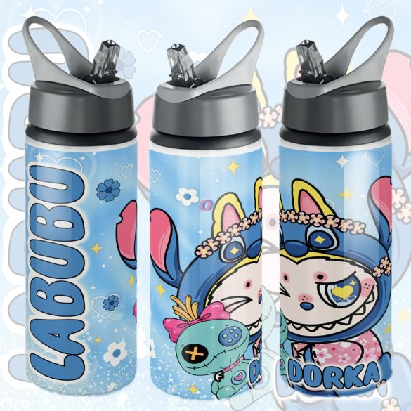 Személyre szabható "Labubu x Stitch" fém kulacs egyedi névvel 750 ml
