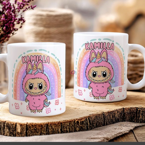Egyedi neves "Labubu Rainbow" bögre személyre szabható fehér
