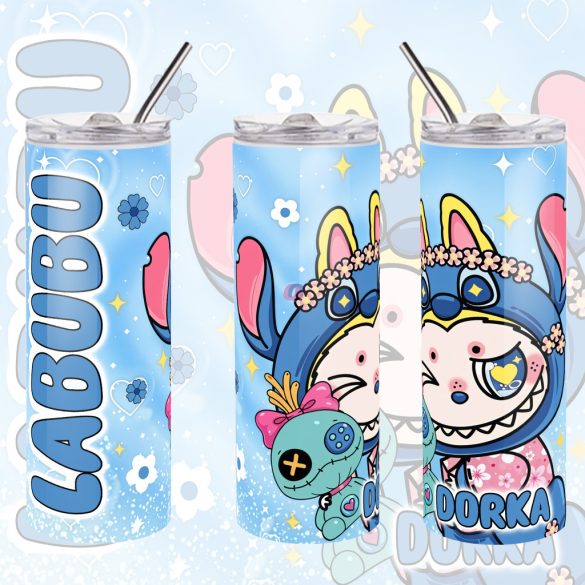 Személyre szabható "Labubu x Stitch" fém Termosz  / tumbler egyedi névvel 600 ml