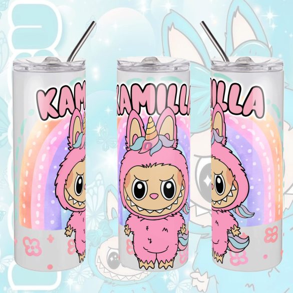 Személyre szabható "Labubu Rainbow" fém Termosz  / tumbler egyedi névvel 600 ml