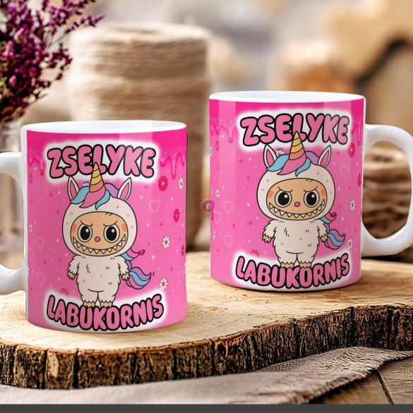 Egyedi neves Labubu "Labukornis"bögre személyre szabható fehér